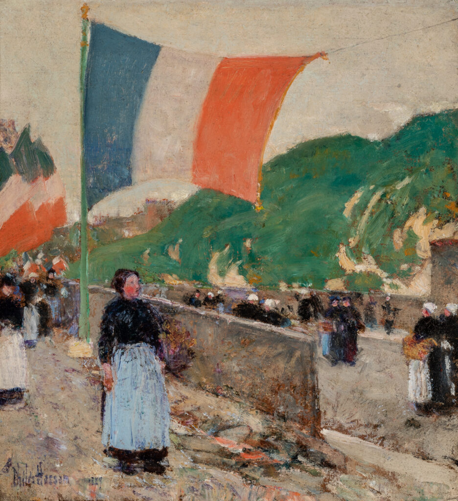 A painting of villagers walking along a pathway near a hill. A large blue, white, and red French flag flies above the figures.
