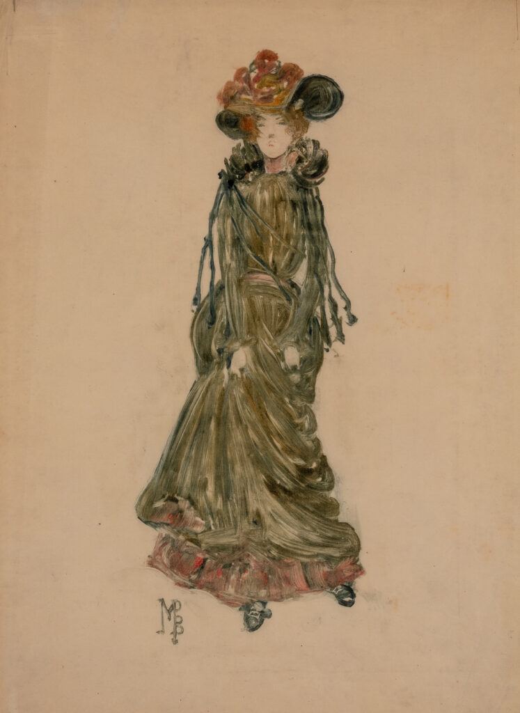 A monotype print of a woman wearing a fancy green dress and a large hat.