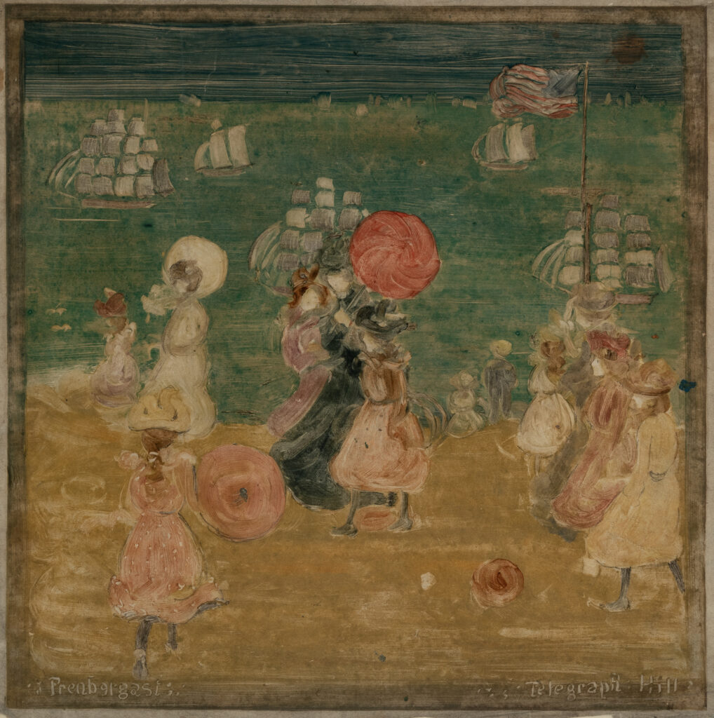 People stroll high up on a hill overlooking a sea dotted with tall ships.