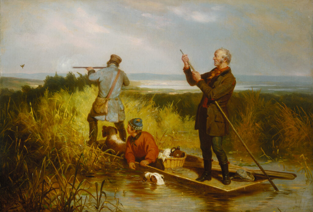 A painting of three men and two dogs in a low, flat boat pulled up behind a small hill in a marsh. One man shoots a bird in the distance while the other two men look on.