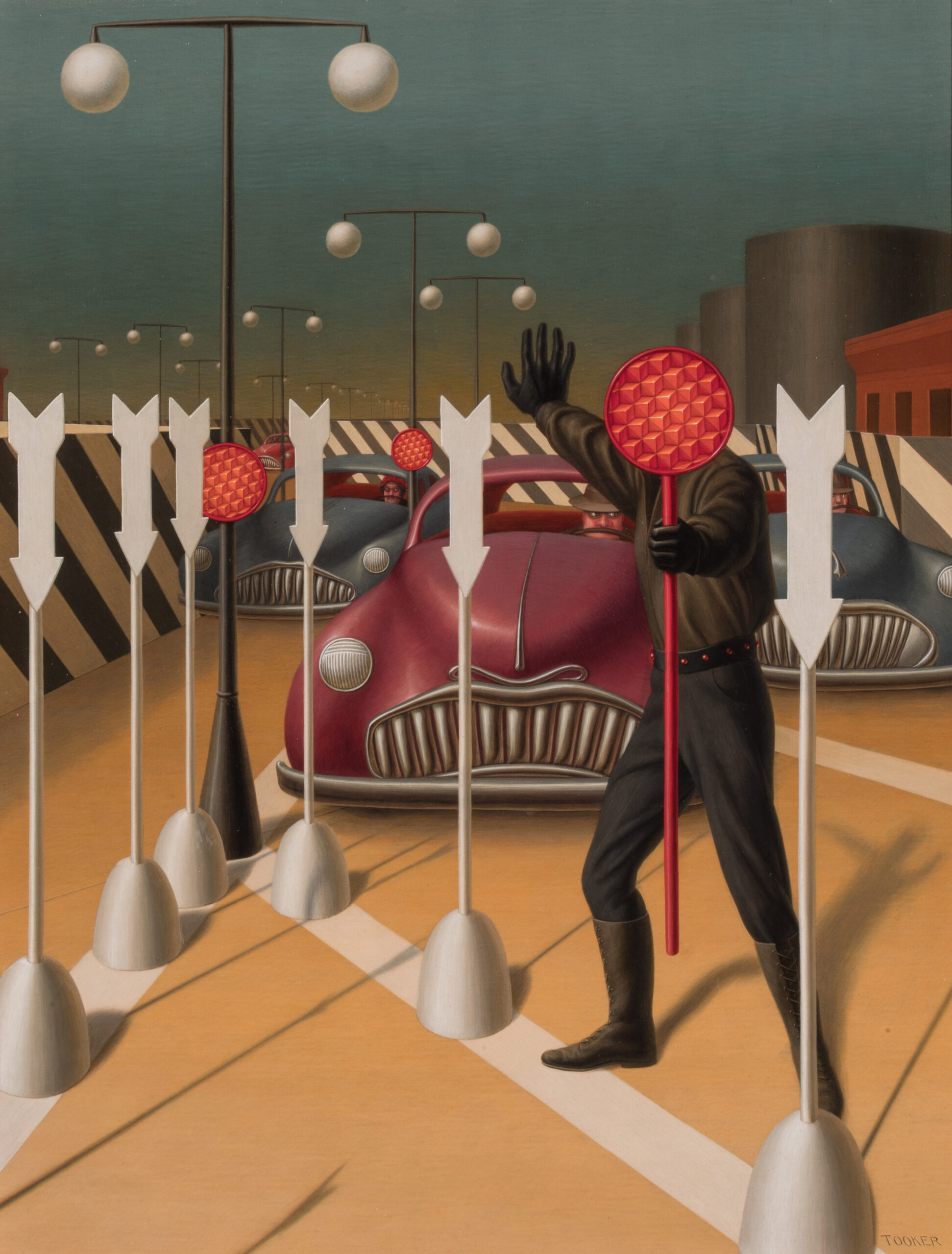 A painting of a man holding a red sign in front of his face with his left hand, his right hand outstretched behind him to stop several cars from advancing.