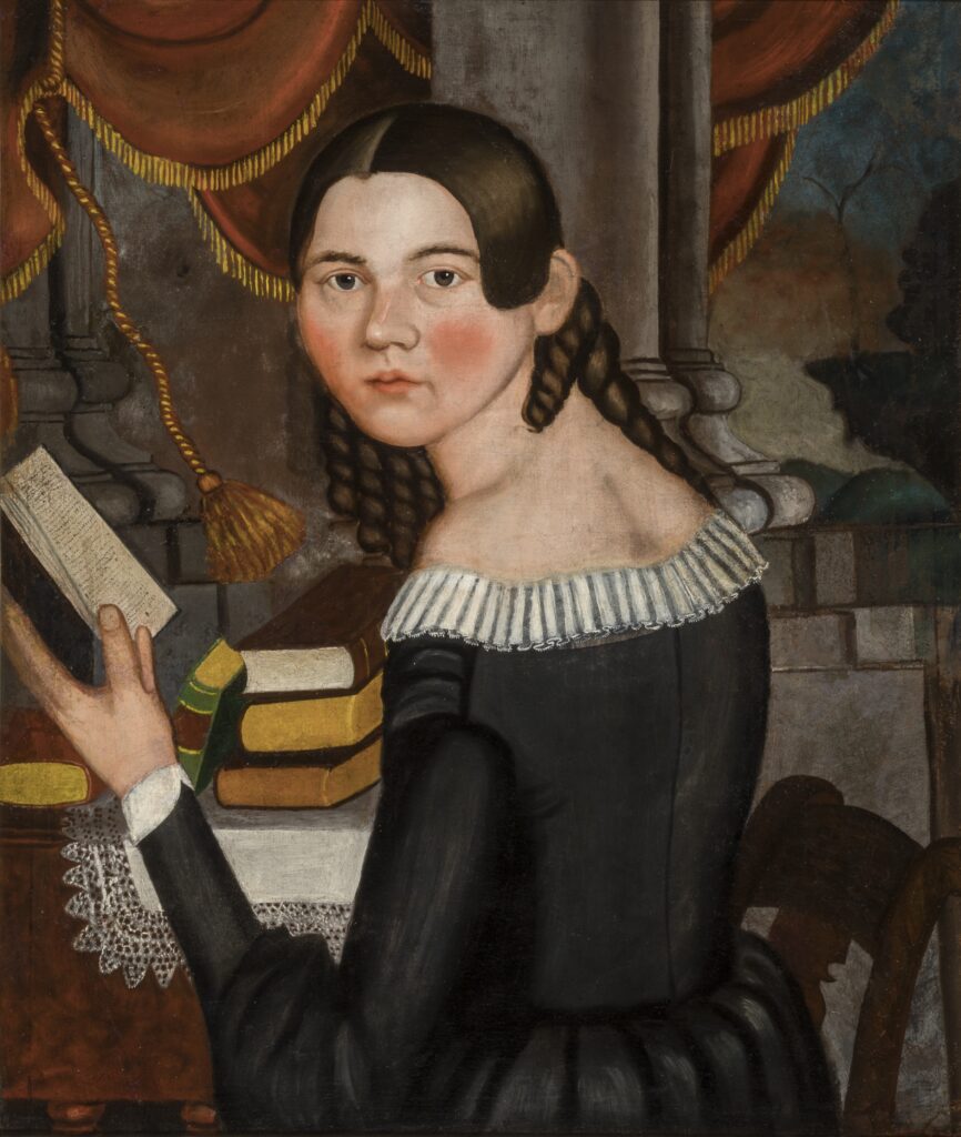A painting of a woman sitting at a table with an open book in her hand. She turns to look over her left shoulder.