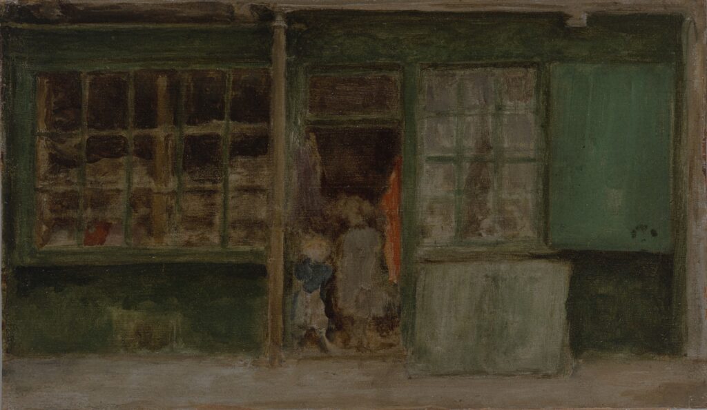 A painting of a candy shop window. Two children stand in the doorway.