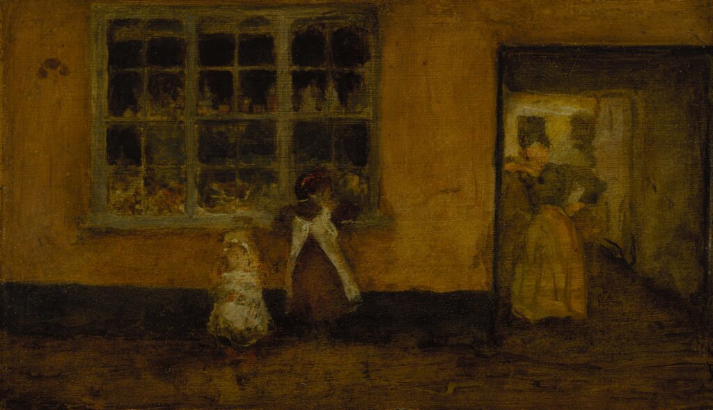 A painting of a shop window on a small street. Two children look into the window.