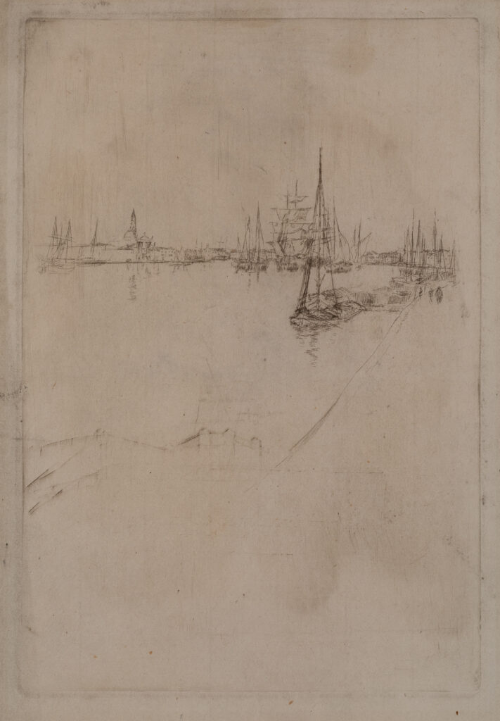 An etching of a busy harbor filled with ships.