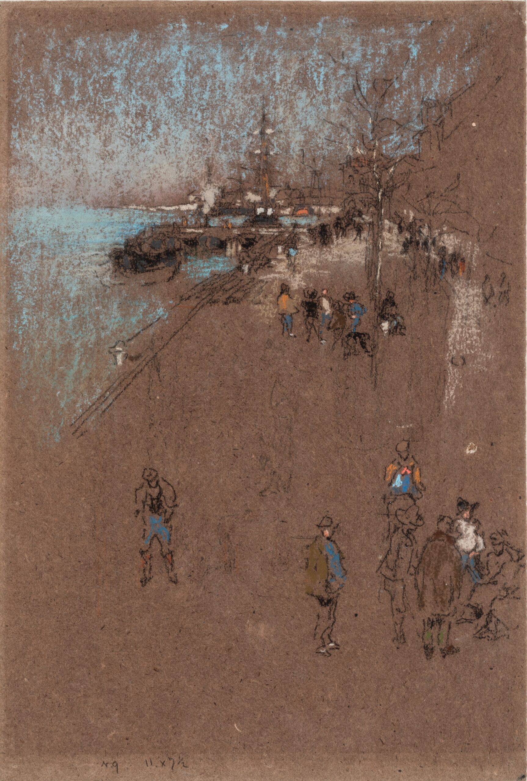 A pastel drawing of a busy waterfront harbor in Venice.