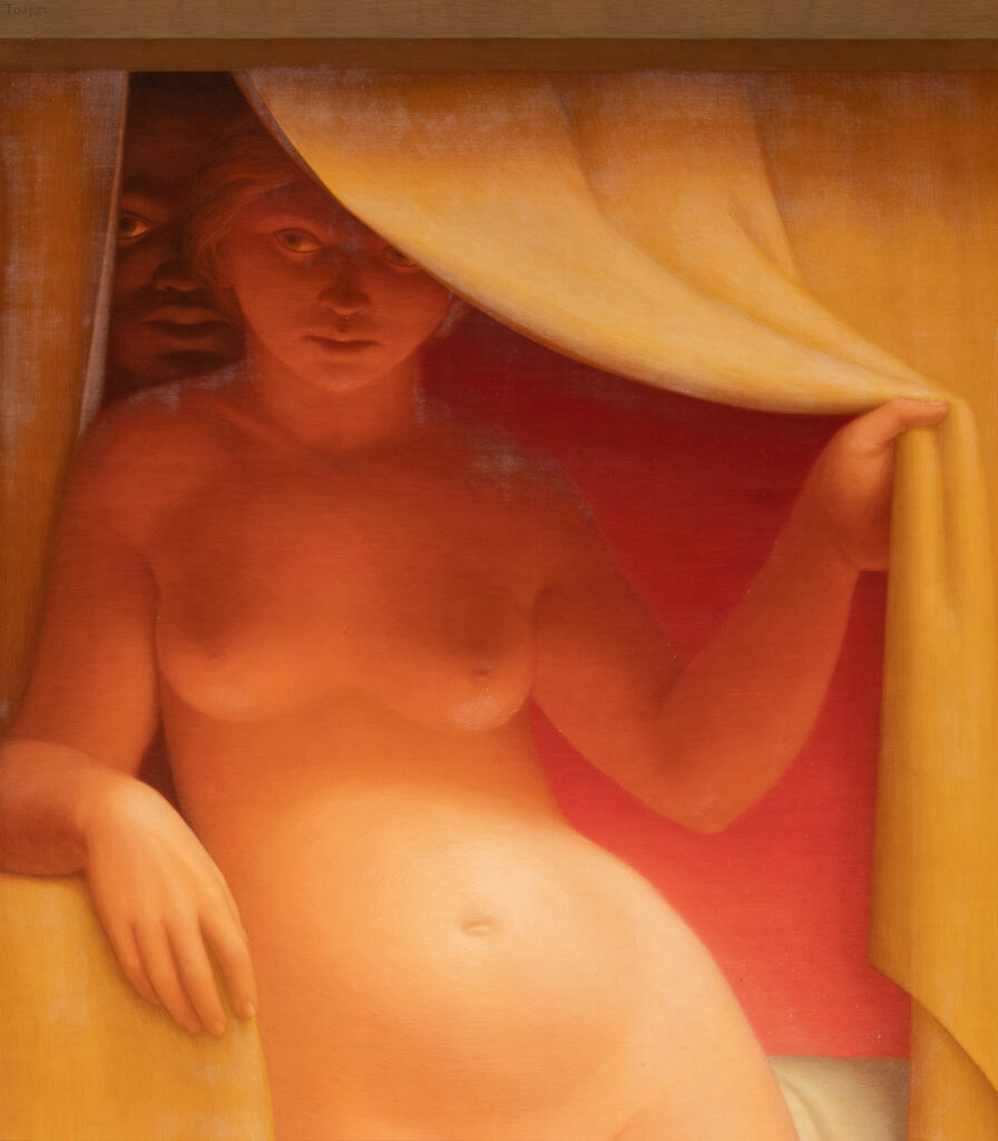 A painting of a nude woman holding a curtain away from her body with her left hand. A man stands behind her.