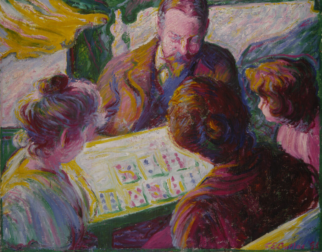 A painting of two adults and two children play a card game.