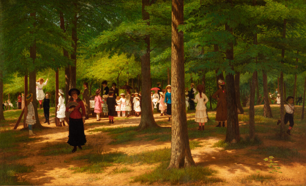 A painting of a group of people gathering in a park.