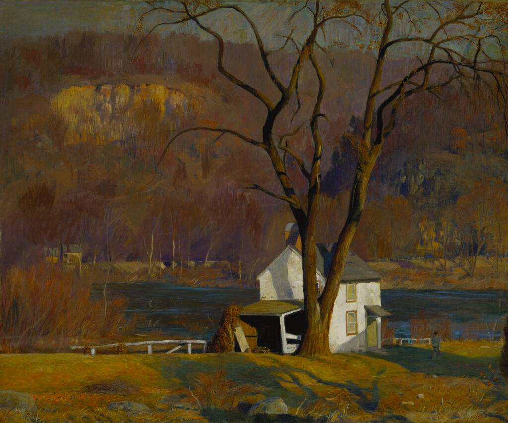 A painting of a white house near a river. There is a tall bare tree in front of the house.