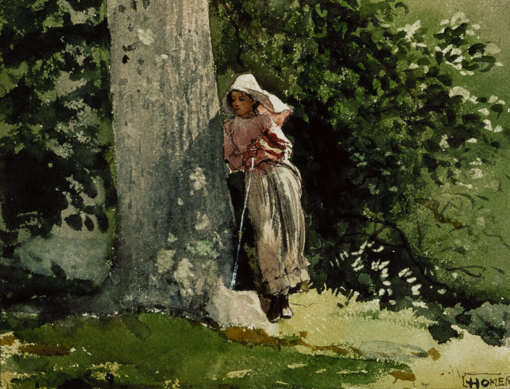 A watercolor of a young woman leaning against a tree.