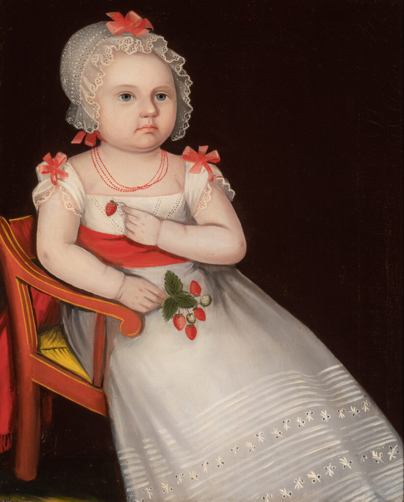 A painting of a small child wearing a white dress and holding a strawberry plant in her right hand.