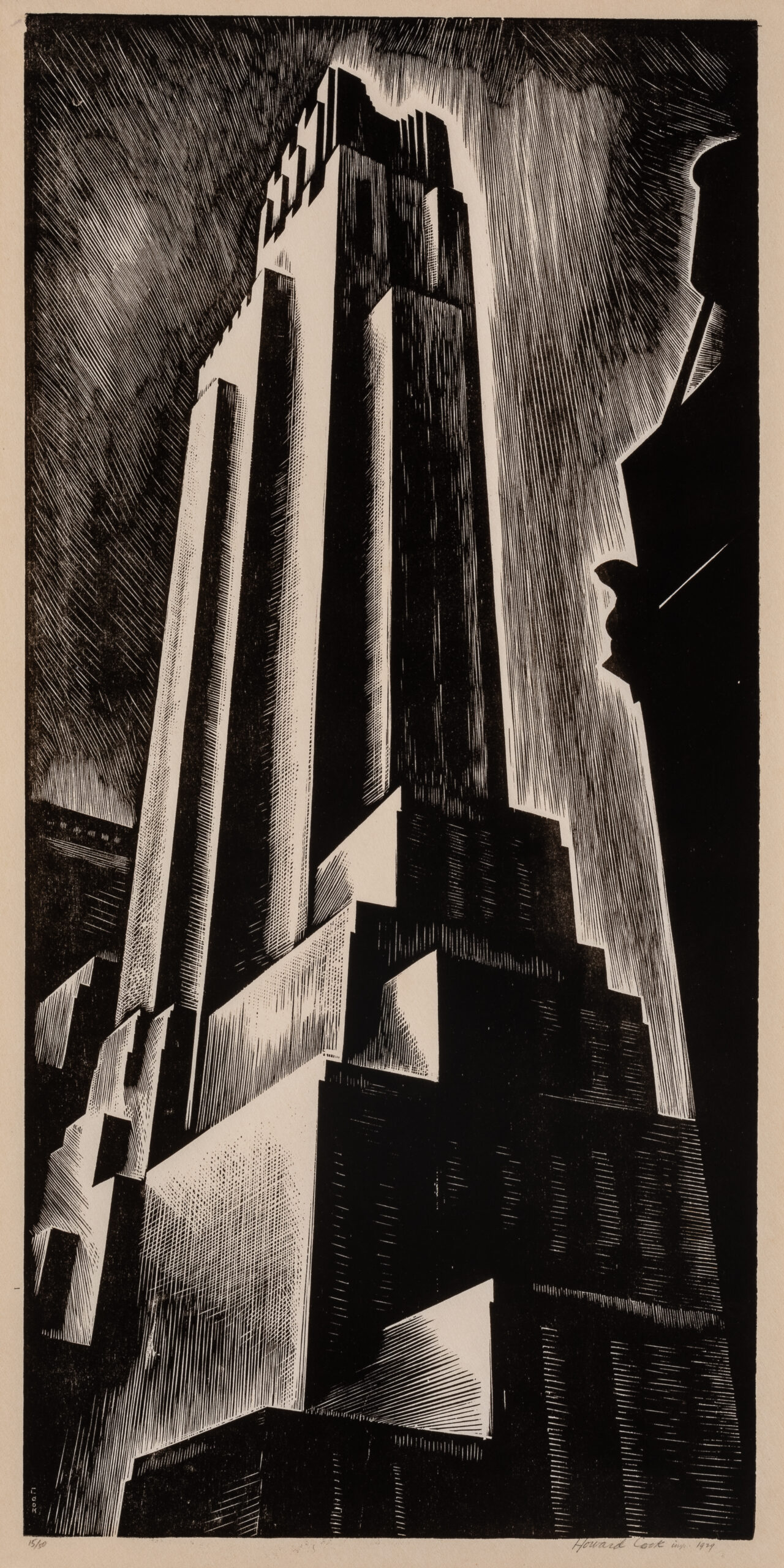 An engraving of a skyscraper.