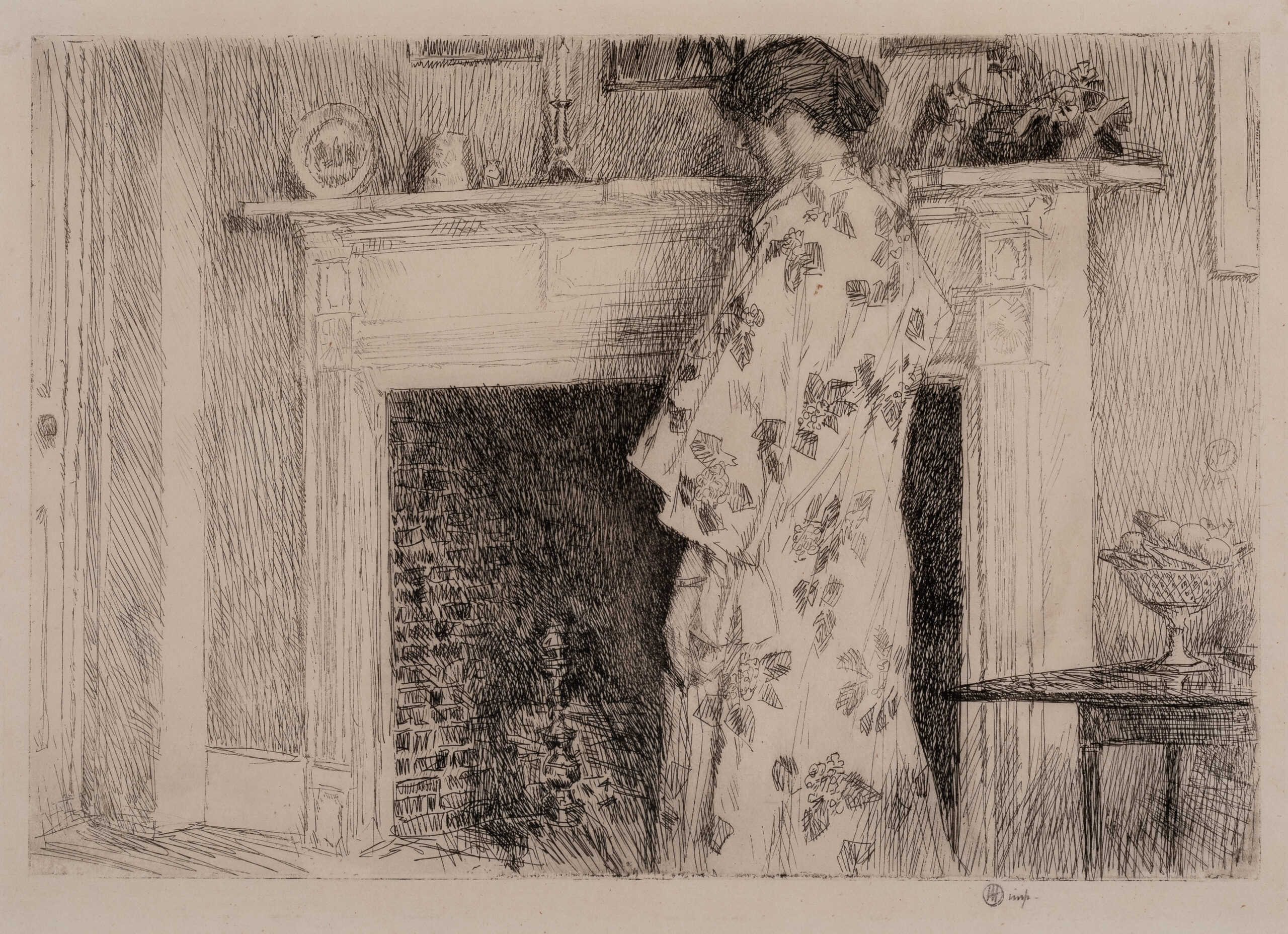 A woman wearing a patterned kimono stands in front of a fireplace.