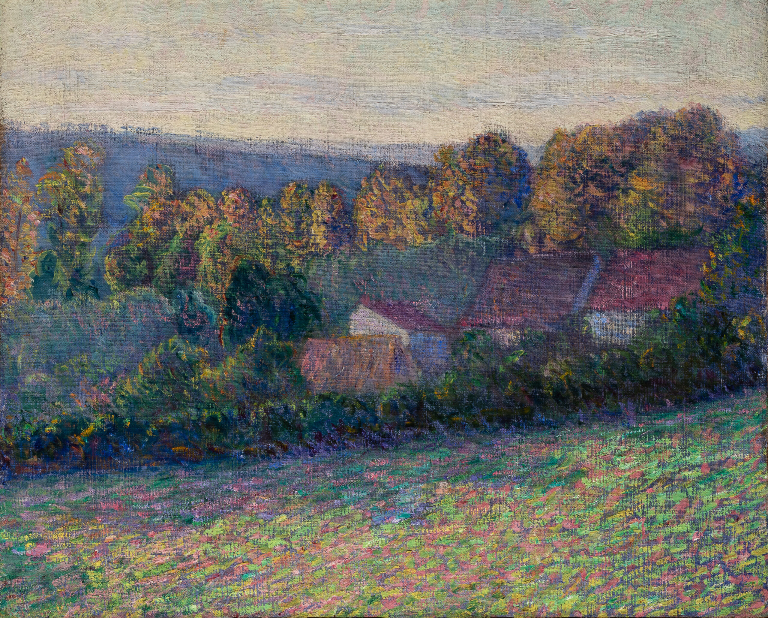 An impressionist view of houses and trees toward the bottom of a hill.