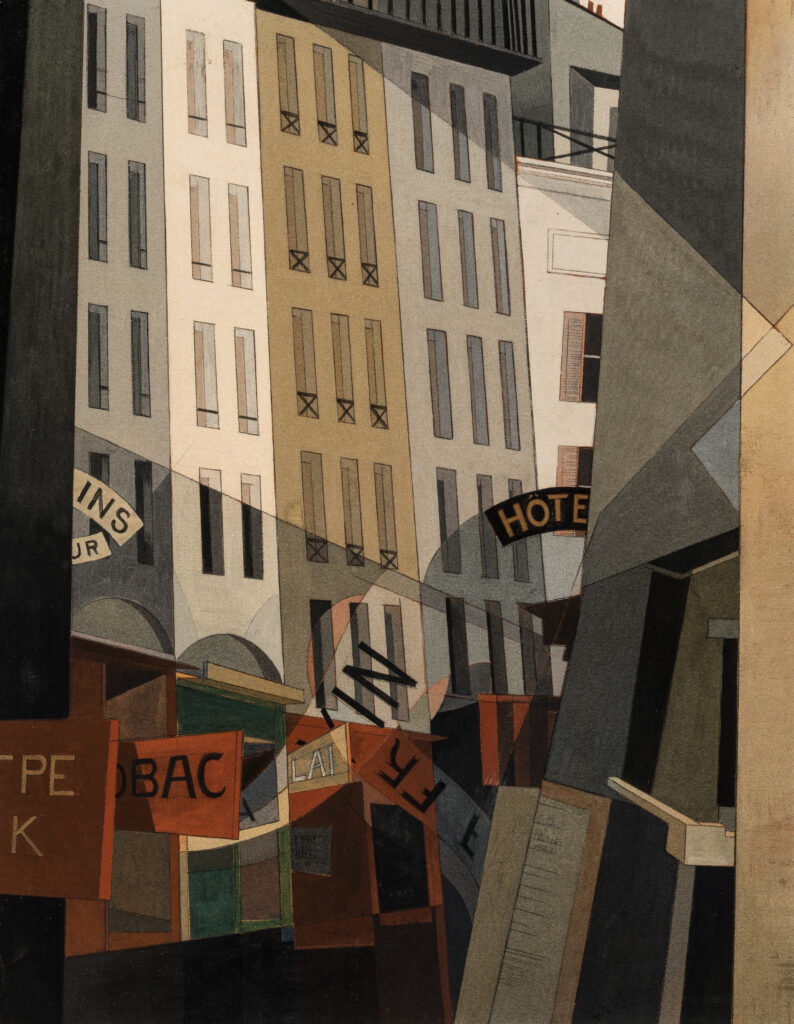 A painting of a Paris street done in a geometric style.