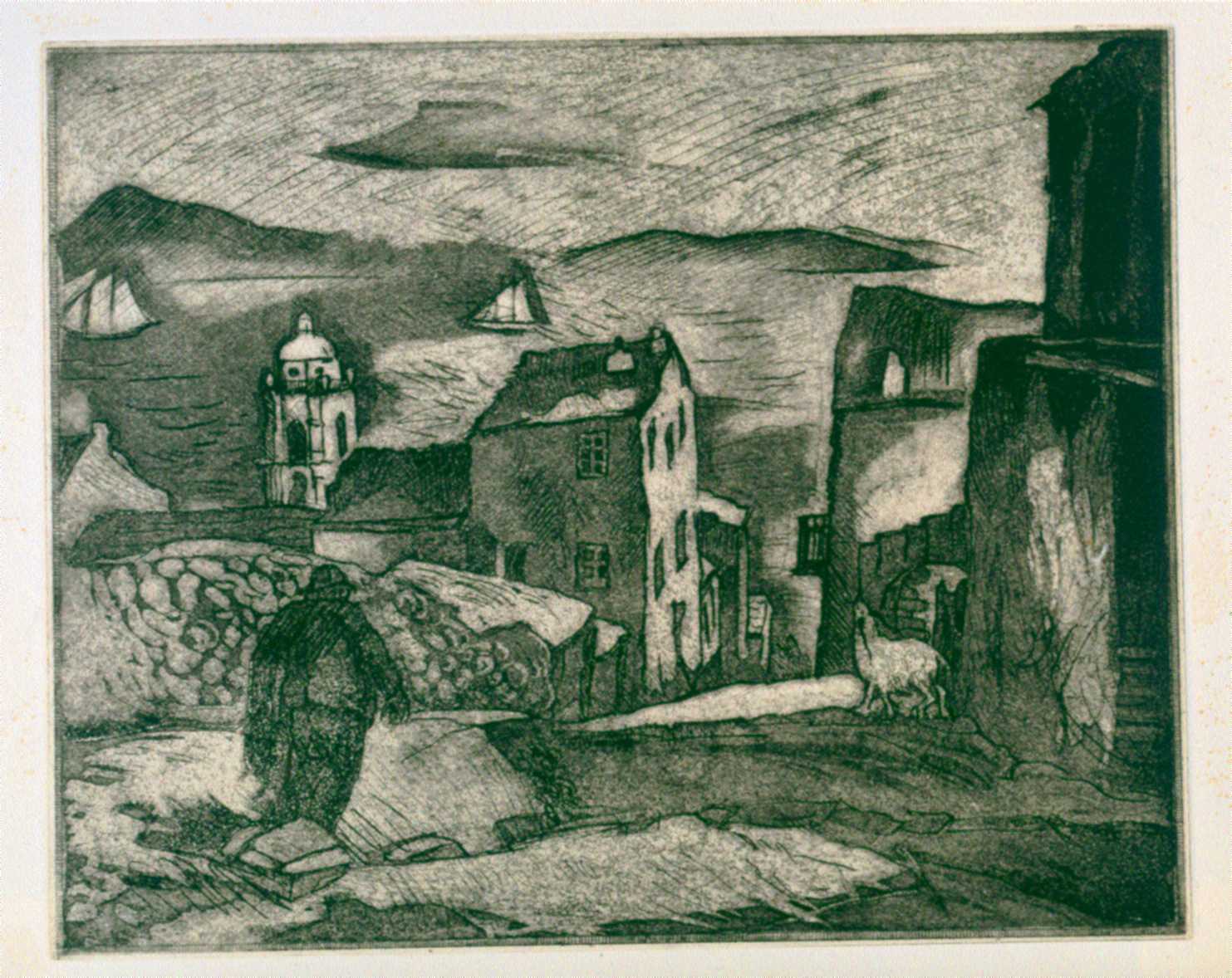 An etching of a village scene.