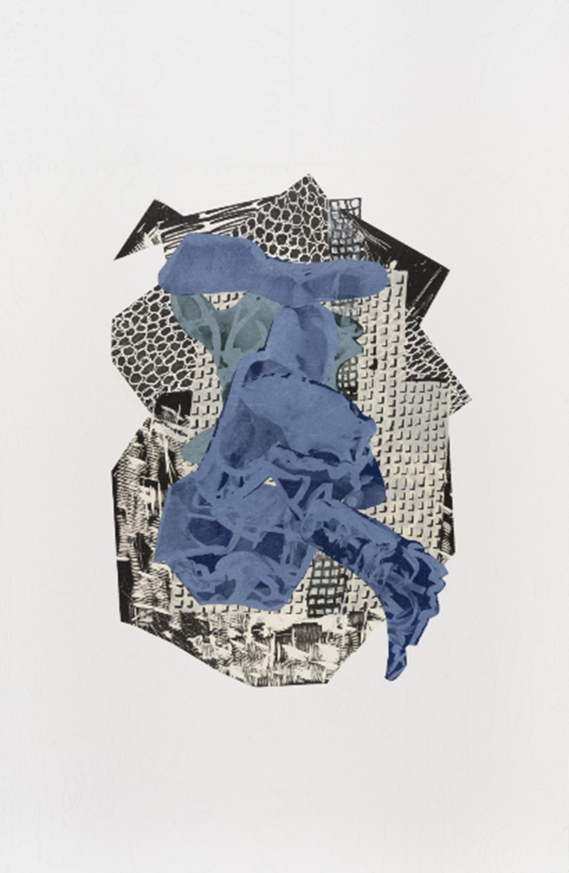 Abstract print in blue, black, and white.