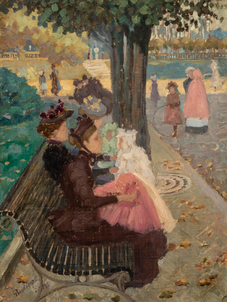Three women sit on a park bench under a tree. They each hold a small child in their lap.