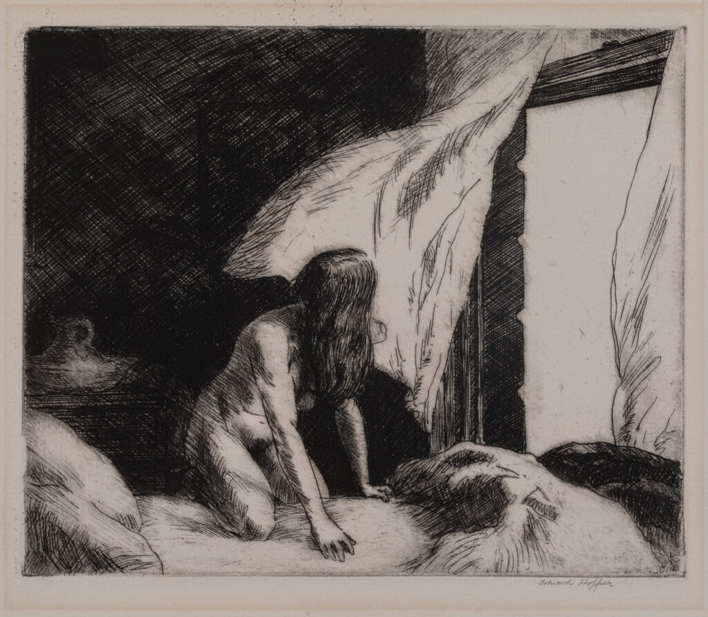 A lithograph of a woman getting into bed, looking out of an open window.