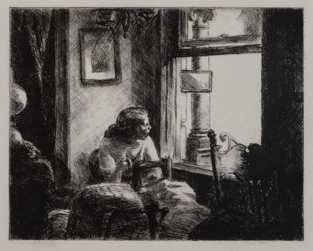 A lithograph of a woman at a sewing machine sitting in front of a window.