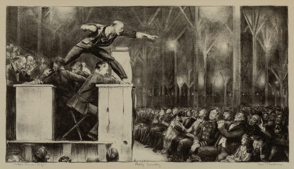 A lithograph of a man speaking to a crowd.