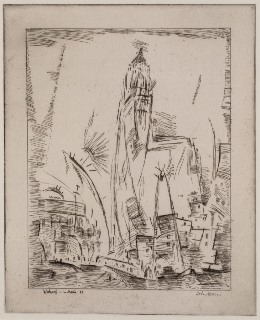 A lithograph of an abstracted city scene.