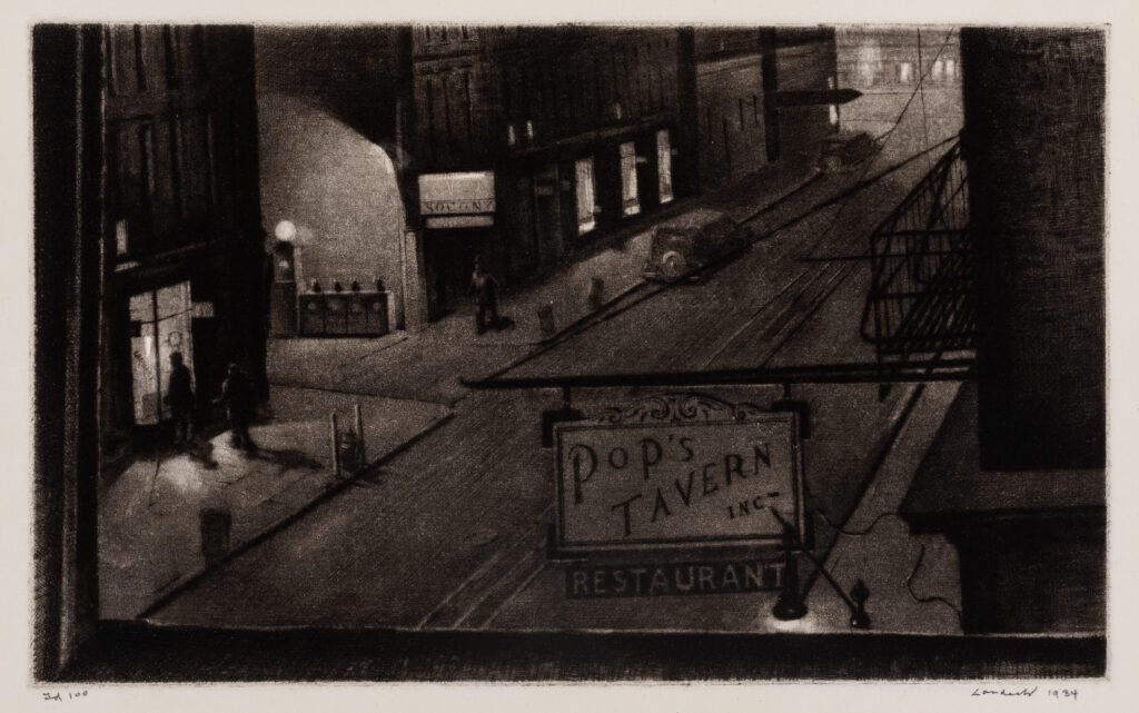 A lithograph of a street scene at night.