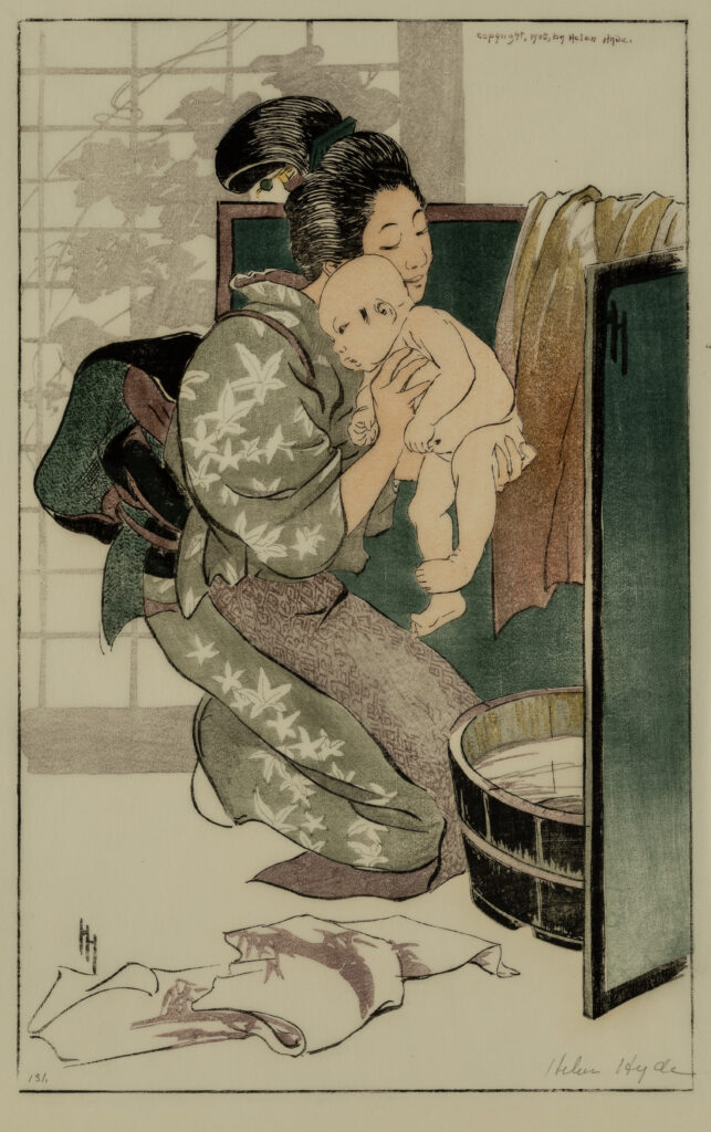 A print of a woman bathing a child.