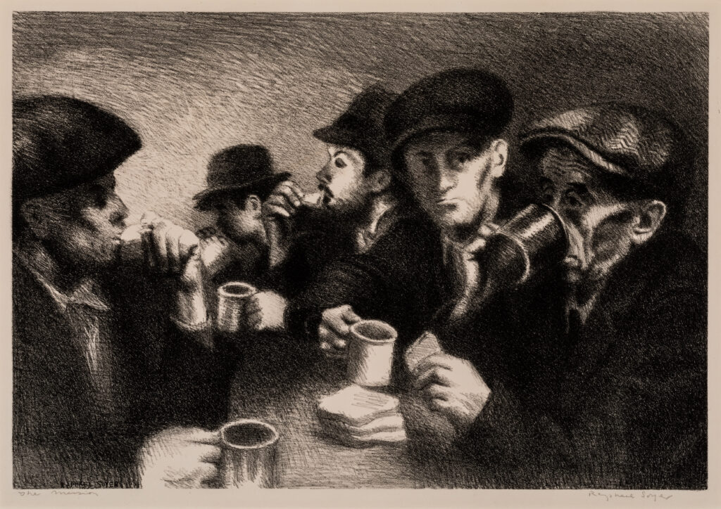 A lithograph of five men drinking out of mugs.