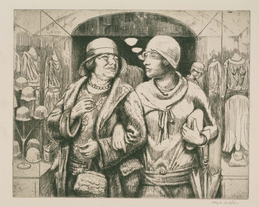An etching of two women leaving a clothing shop.