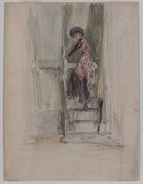 A watercolor of a woman on a staircase.