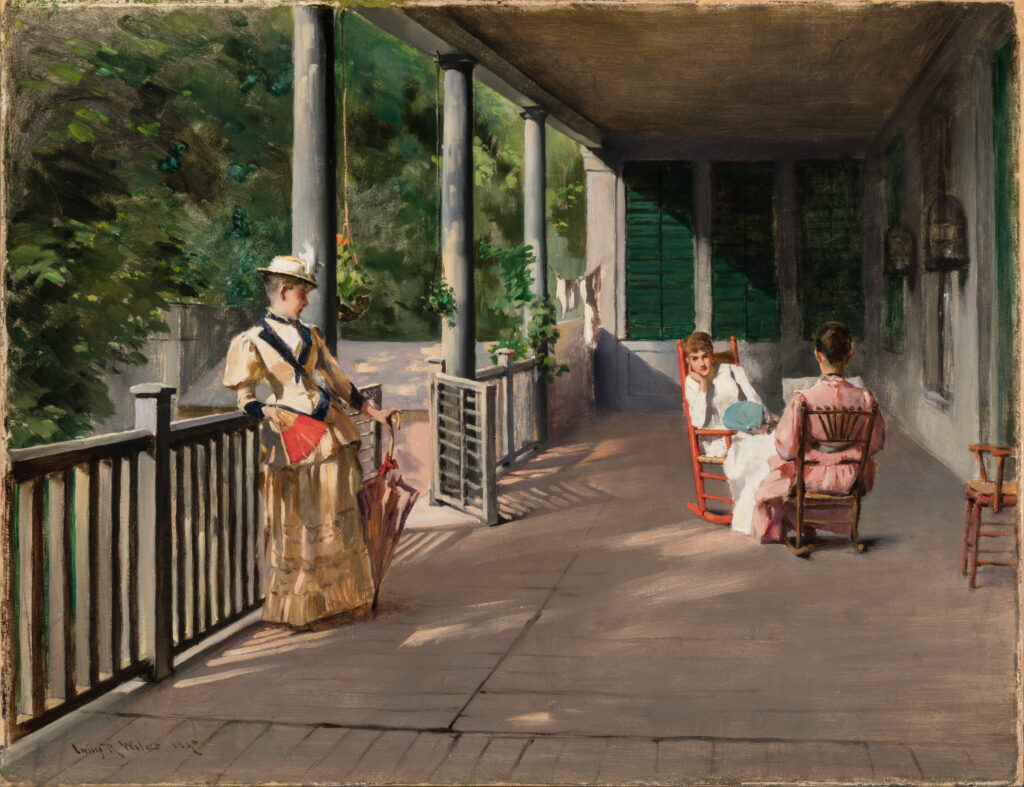 A painting of three women on the porch of a house. Two women sit in rocking chairs and the third woman stands against the balcony.
