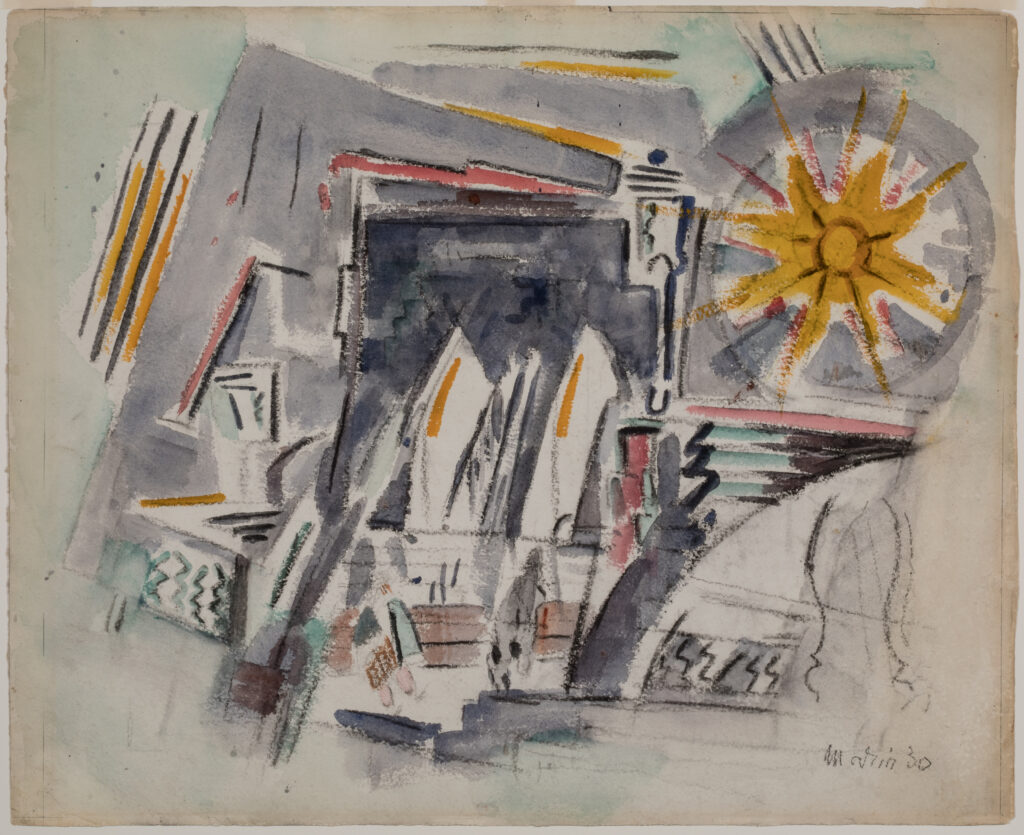 A watercolor of an abstracted city scene.