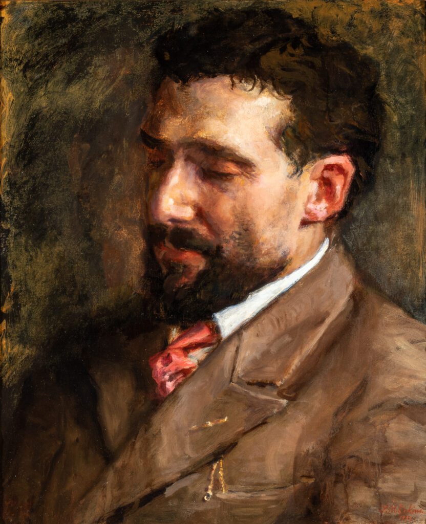 A painting of a man in profile.