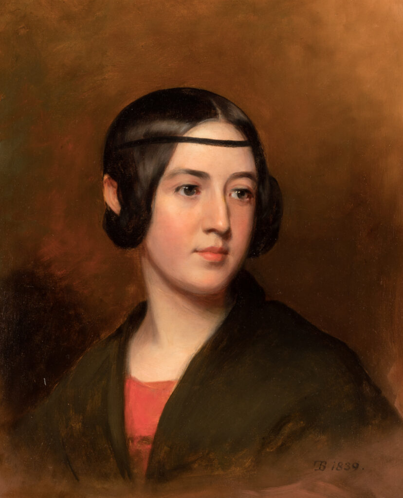 A painting of a portrait of a woman in three-quarter profile.