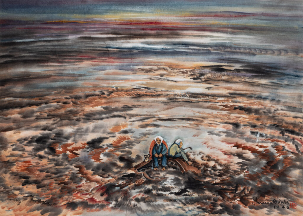 A watercolor of two people at the center of an abstracted scene of a devastated landscape.