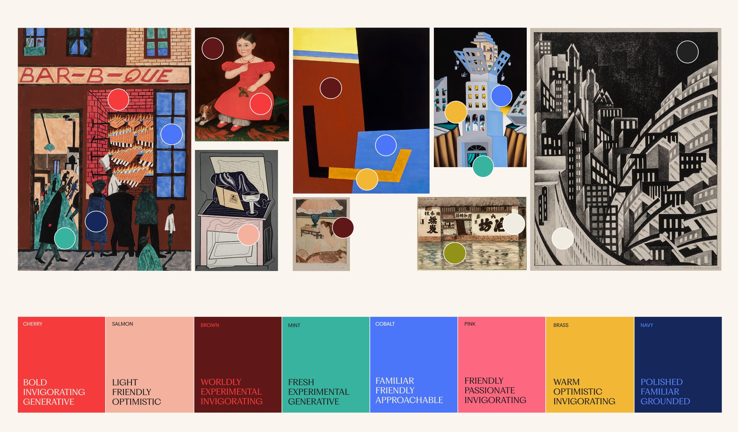 A selection of Terra Foundation Collection objects with a colored dot on each one showing a different color found in each object. The colors correspond to a brand color palette on the bottom of the image.