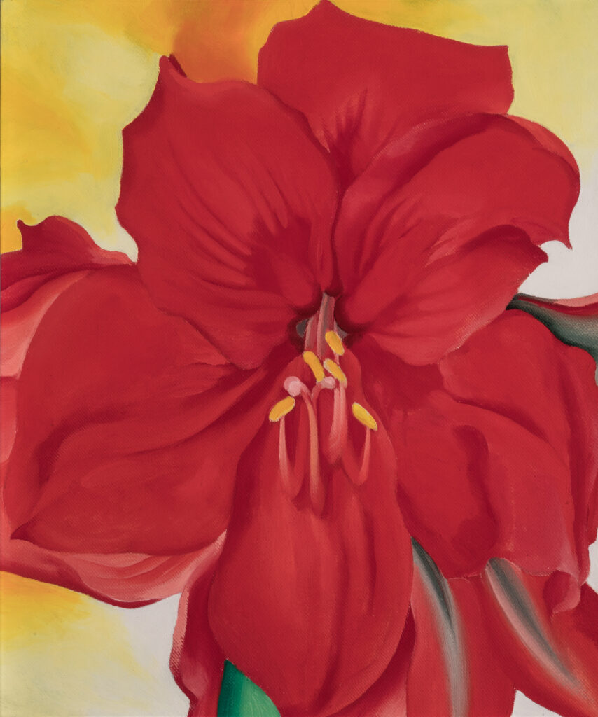 A painting of red flower against a yellow background.