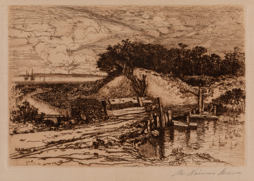 An etching in brown and beige colors of a beach with a path leading toward a harbor in the background.