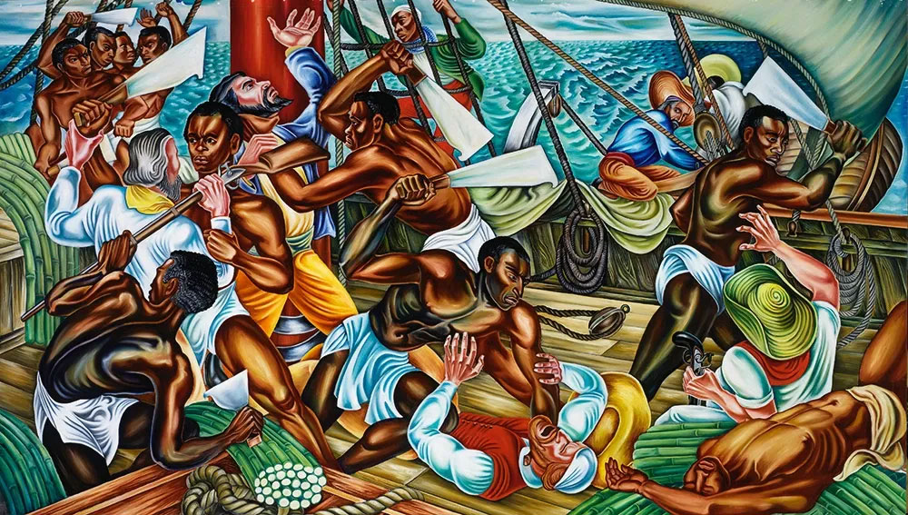 People fighting on a boat.