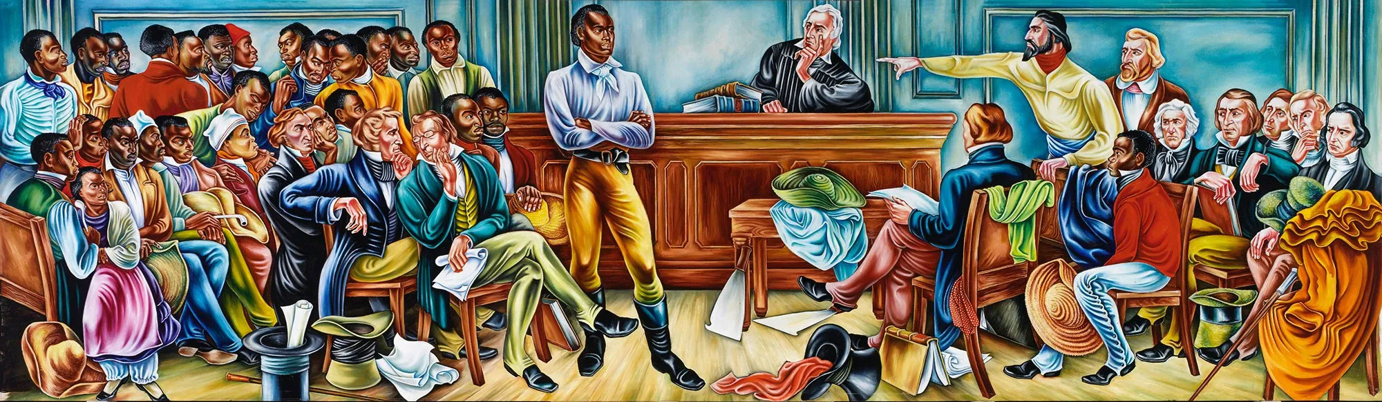 People arguing in a courtroom.