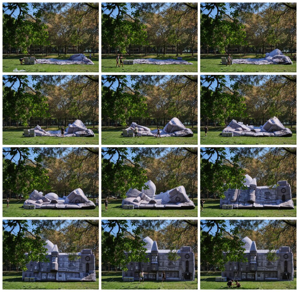 Twelve photograph series of a tent in various stages of being inflated. The tent is in the shape of severel building reminiscent of a city block.