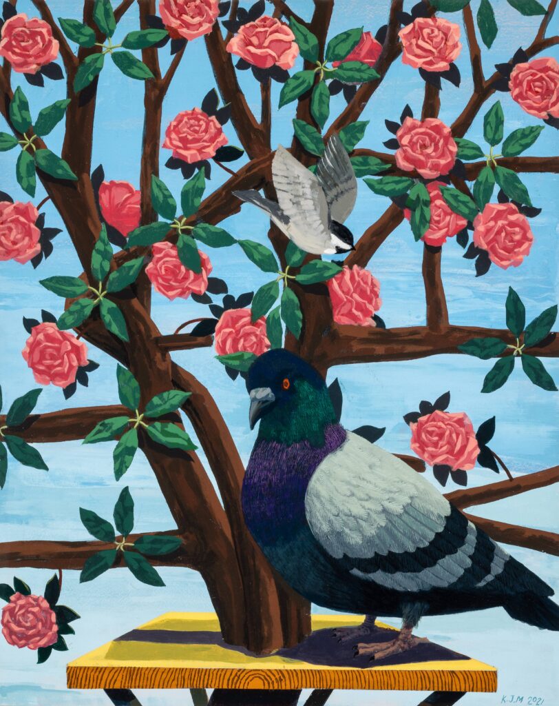 An image of a bird sitting on a tree with pink flowers.